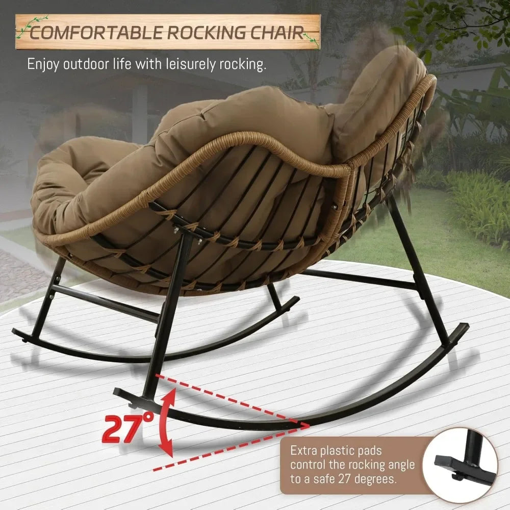 Outdoor Papasan Rocking Chair with Padded Cushion, Oversized PE Rattan Comfy Royal Rocking Lounge Chair, Modern Comfy