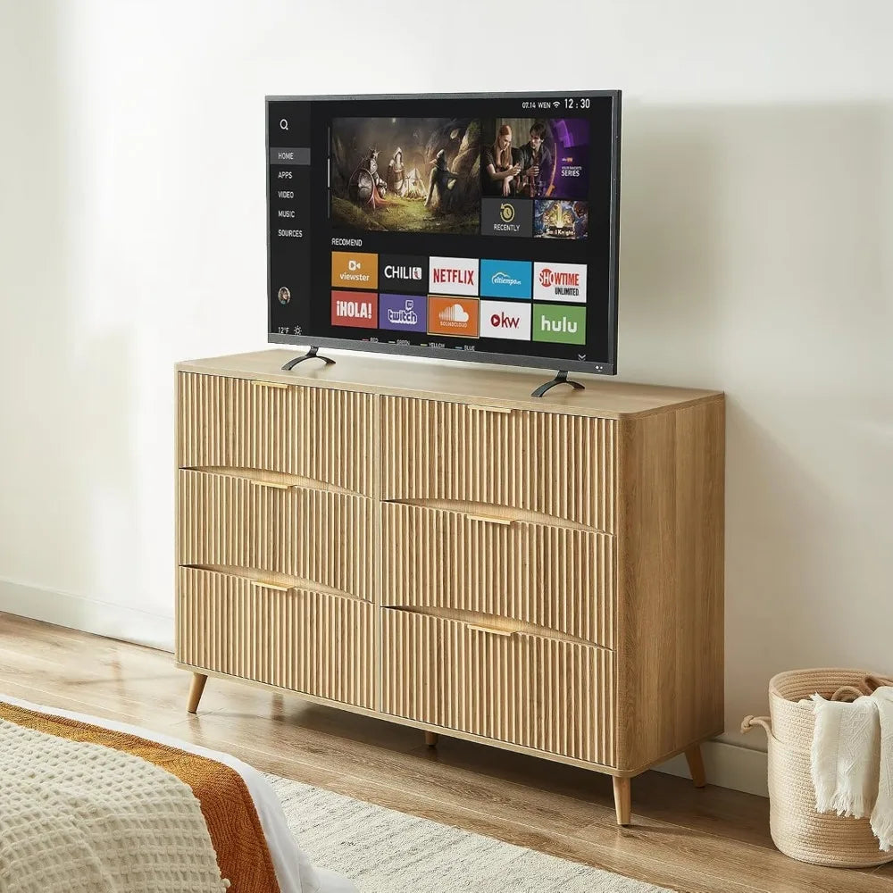 Wide 6 Drawer Light Wood Curved Dresser – Mid-Century Modern Chest