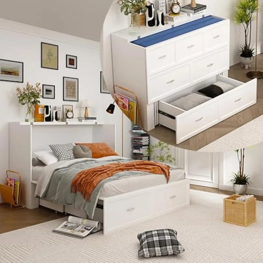 ECACAD 2-in-1 Murphy Cabinet Bed – Full Size Frame with Power Strip & 3 Storage Drawers