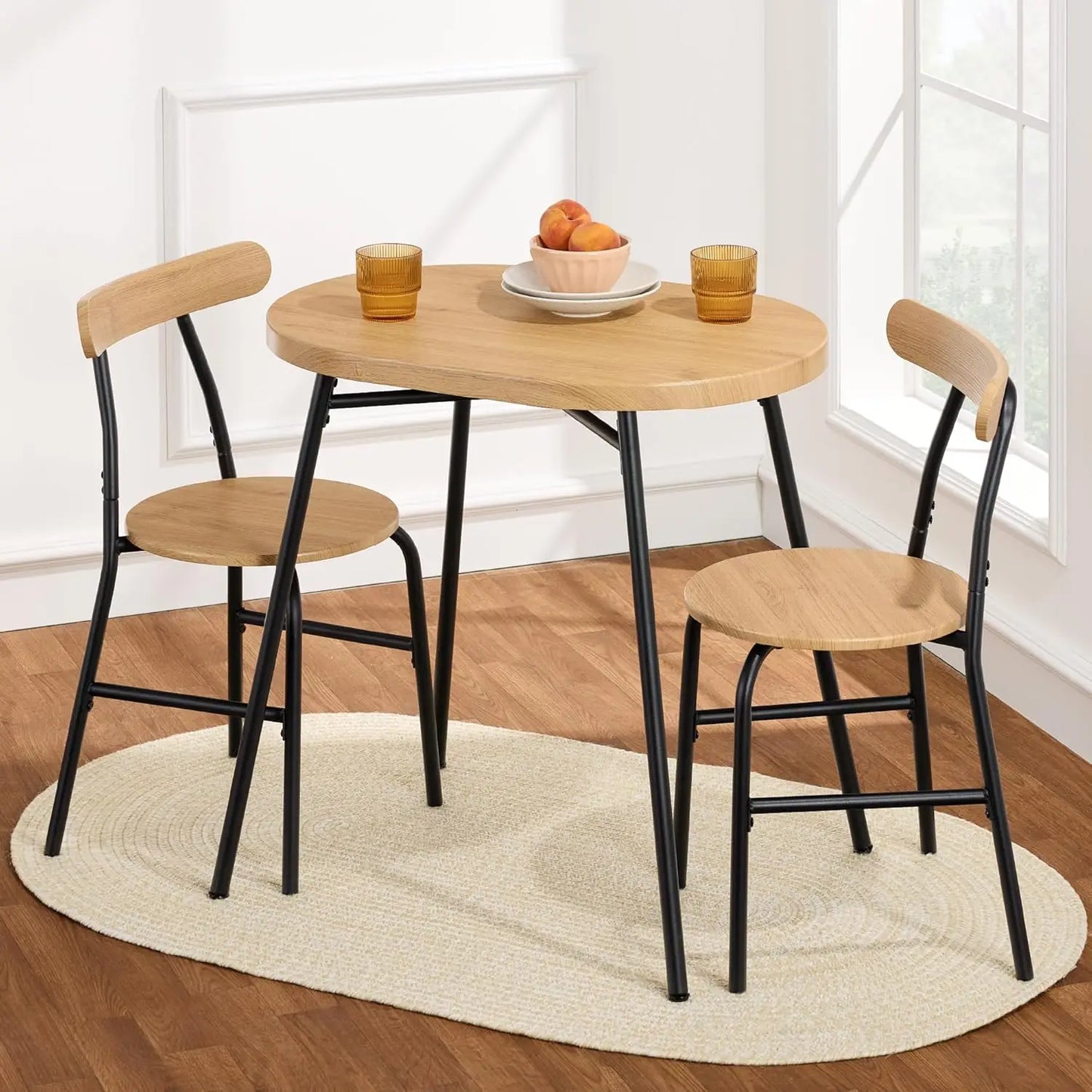 Modern Oval Dining Table Set – Small Kitchen Dinette with 2 Chairs, Metal Frame & Curved Backrests (Dark Green/Gold)