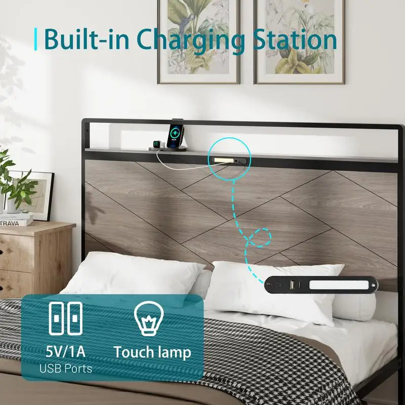 Queen Size Wooden Platform Bed Frame with Storage, LED Headboard & USB, No Box Spring Needed