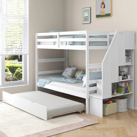Twin over Twin Bunk Bed with Trundle & Stairs – Solid Wood Frame w/ Storage & Convertible Design
