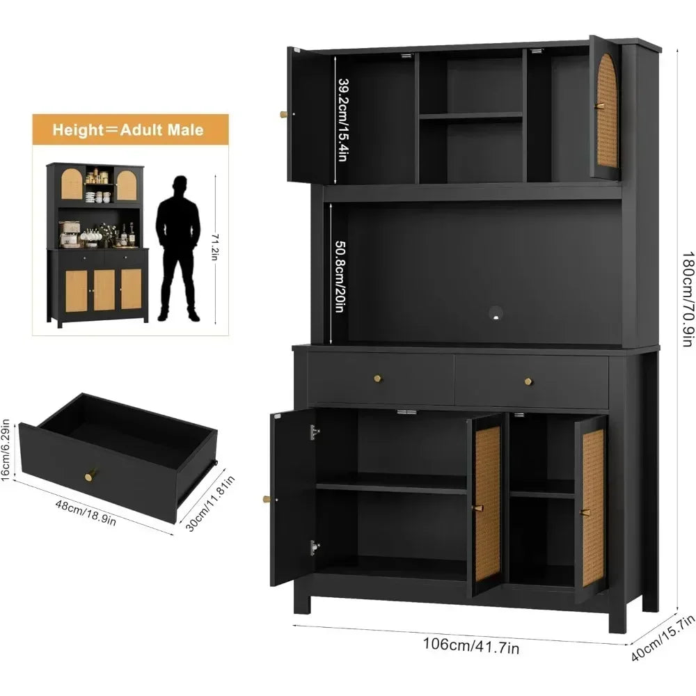 71" Tall Kitchen Hutch Cabinet – Storage Cabinet with Rattan Doors, Microwave Stand & Charging Hole