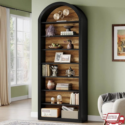 Tall Arched 8-Tier Bookshelf – Modern Wooden Floor-Standing Bookcase with Storage Shelves