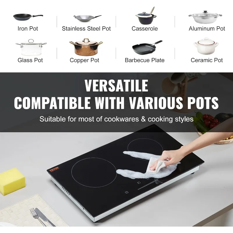 VEVOR 24" Electric Radiant Cooktop – 2-Burner Built-In Ceramic Glass Stove Top, 1800W