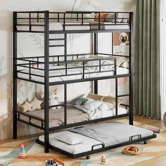 Triple Bunk Bed with Trundle – Metal Twin/Twin/Twin Frame with Ladders & Safety Rails