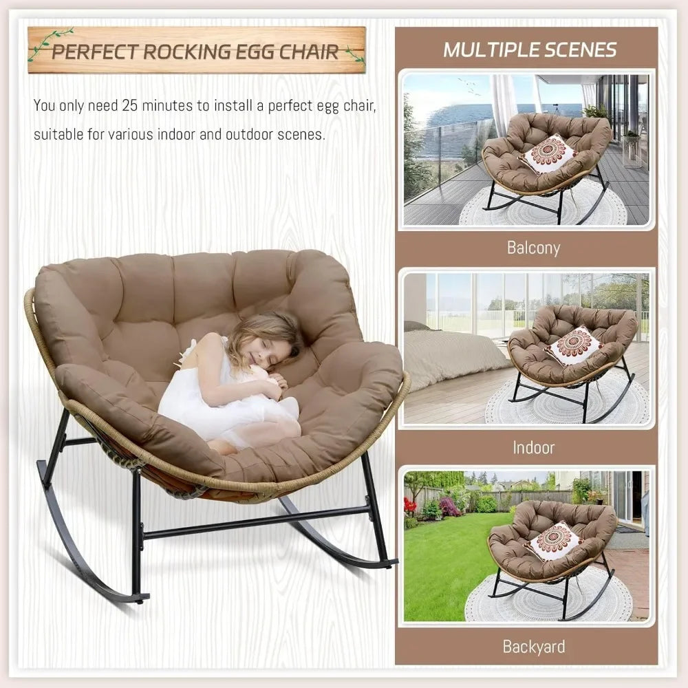 Outdoor Papasan Rocking Chair with Padded Cushion, Oversized PE Rattan Comfy Royal Rocking Lounge Chair, Modern Comfy