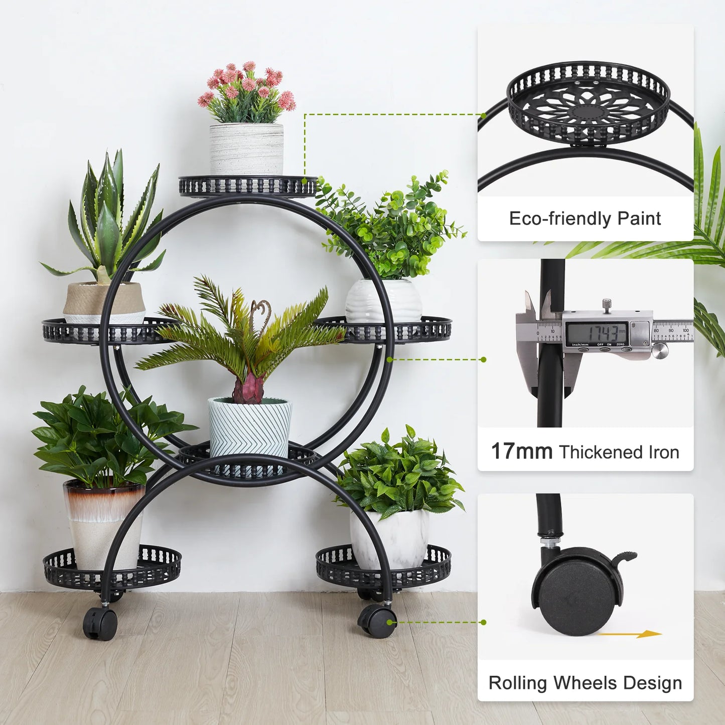 Rolling Metal Plant Stand Flower Storage Shelf Holder with Lockable Wheels