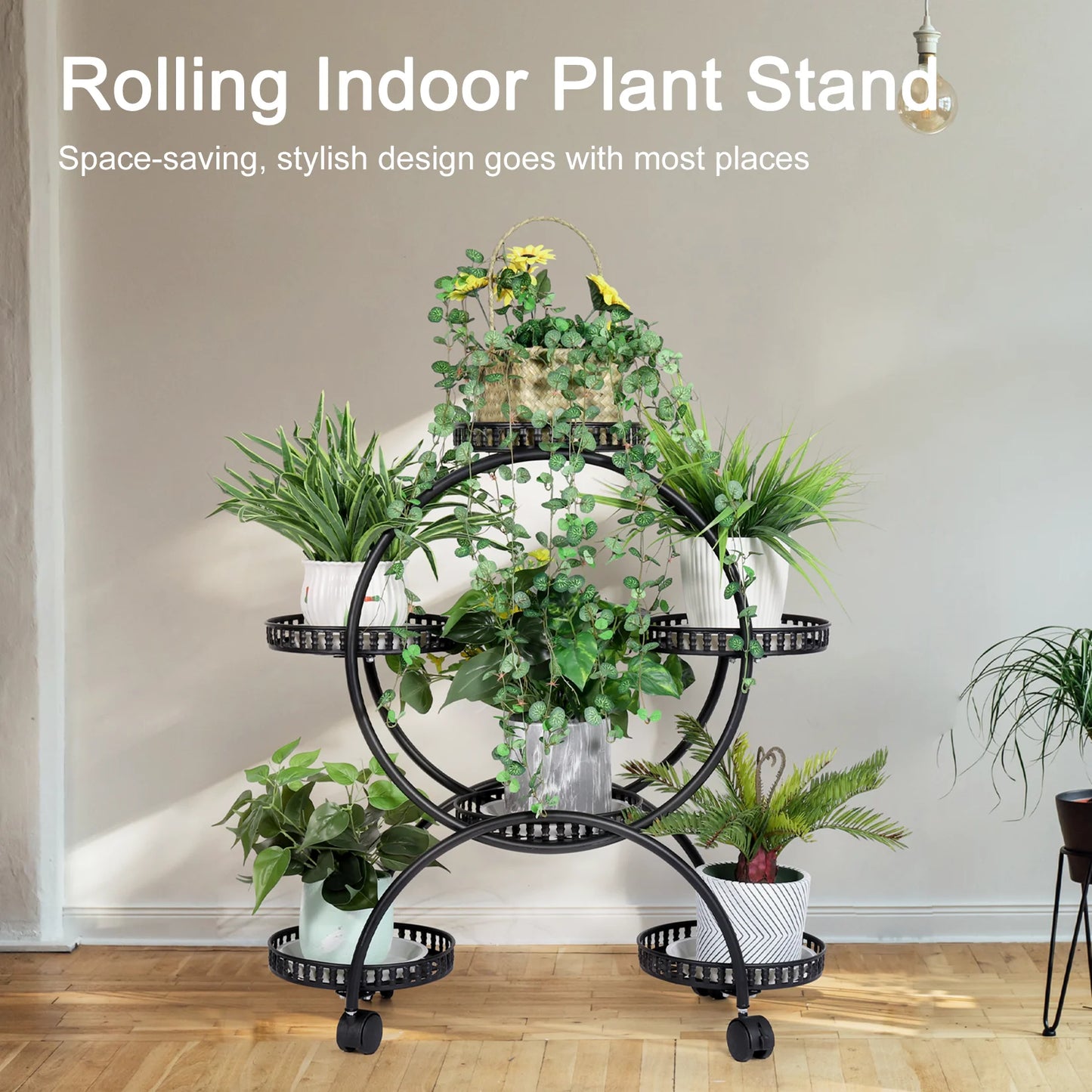 Rolling Metal Plant Stand Flower Storage Shelf Holder with Lockable Wheels
