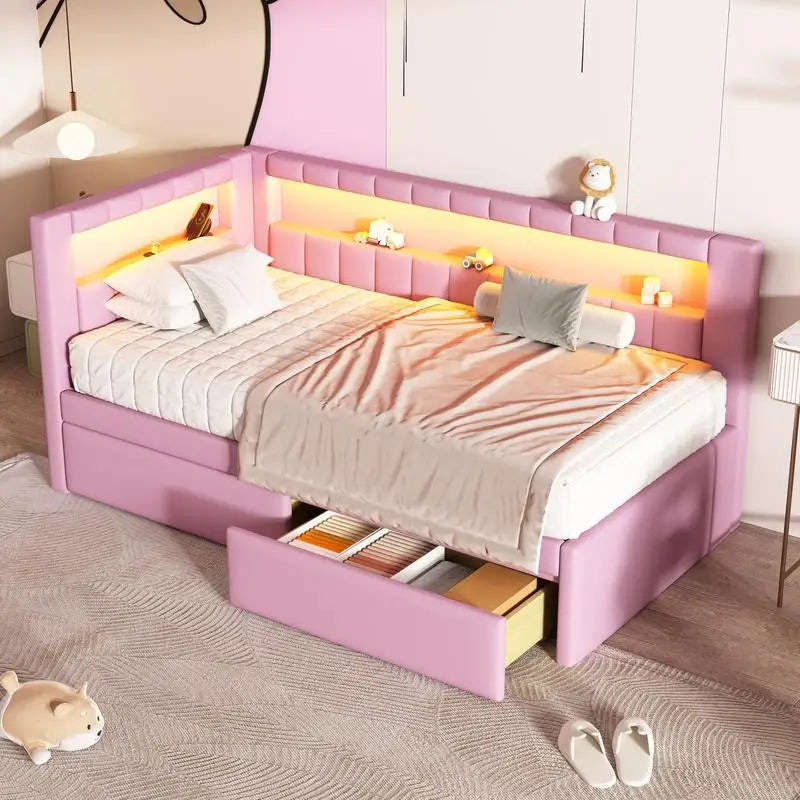 Pink Twin Upholstered Platform Bed with LED Headboard, USB Ports & 2 Storage Drawers