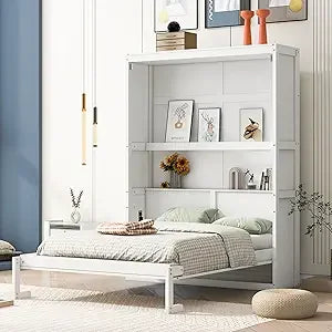 Harper & Bright Designs Full Murphy Bed with Storage Shelves, Drawers & LED Light
