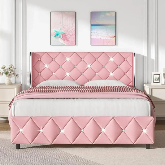 Queen Bed Frame with Diamond Headboard – Pink Faux Leather, Upholstered Platform, Easy Assembly