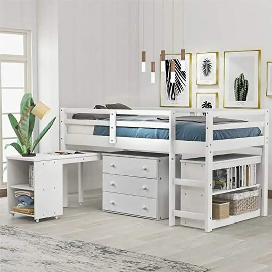 Twin Loft Bed with Rolling Desk & Storage Cabinet – White Bunk Bed with Guardrails