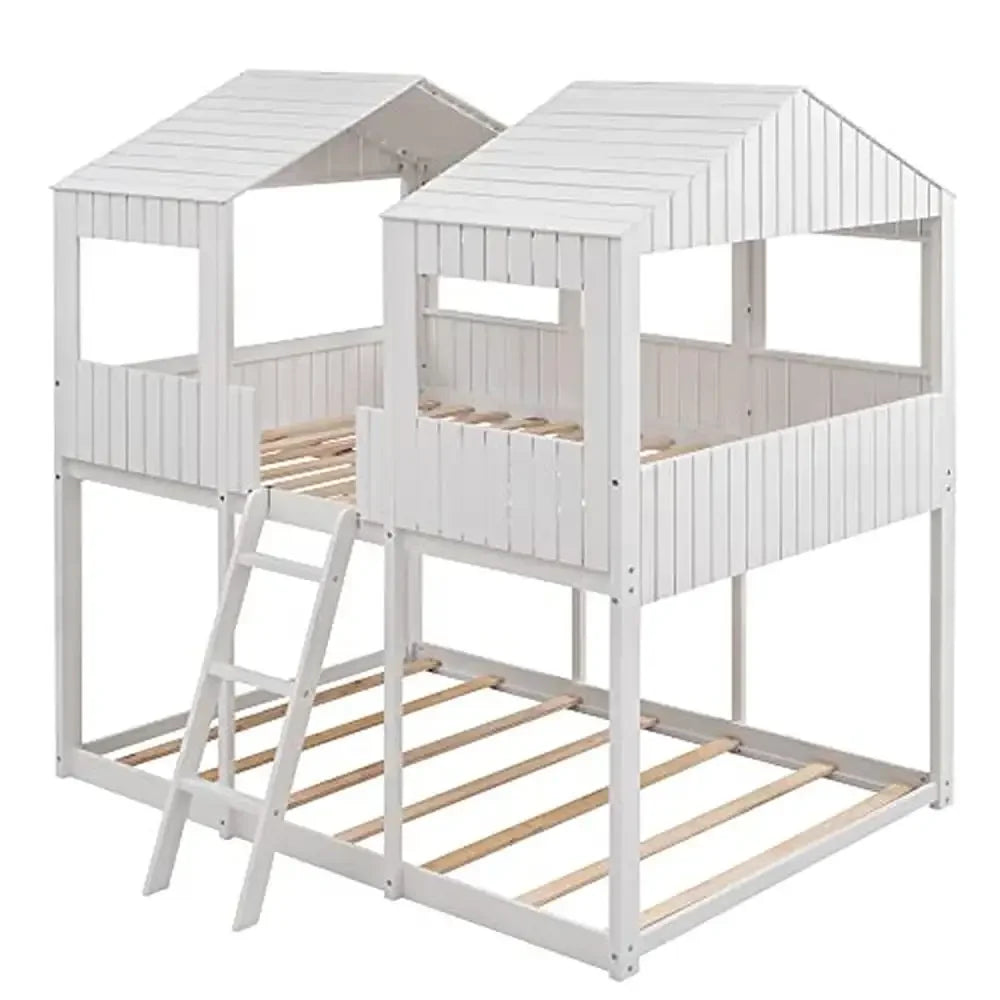 Full Size House Bunk Bed with Roof, Window, Guardrails & Ladder, White Modern Loft Design