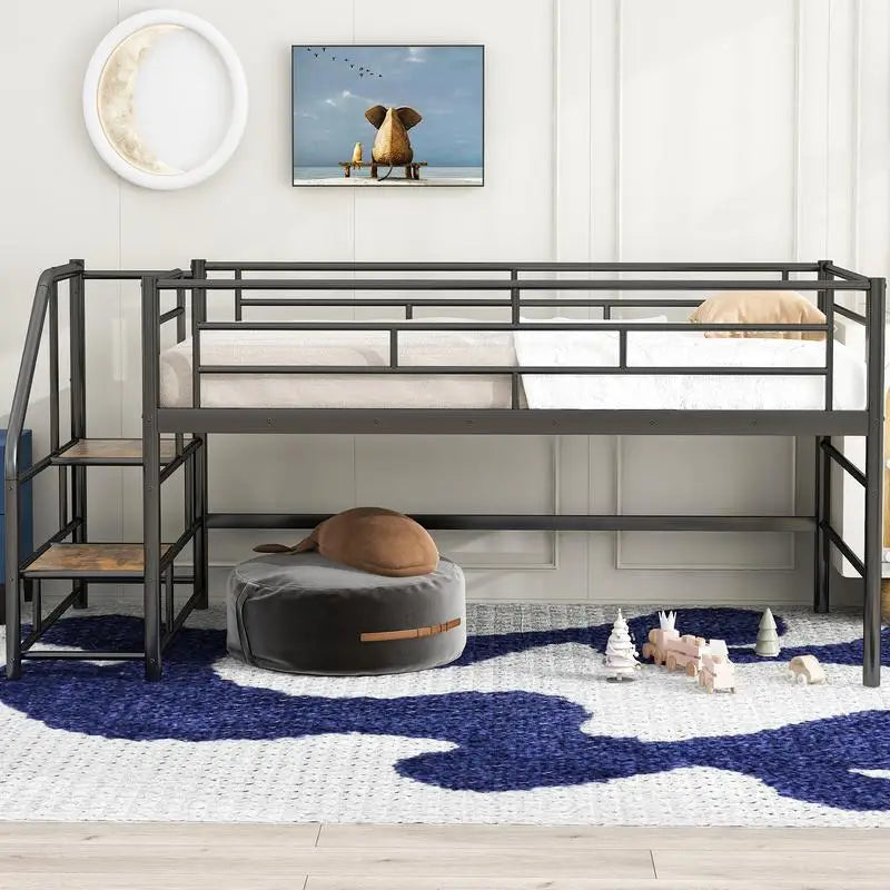Twin Mid Loft Bed with Storage Steps, Black Finish, Space-Saving Design