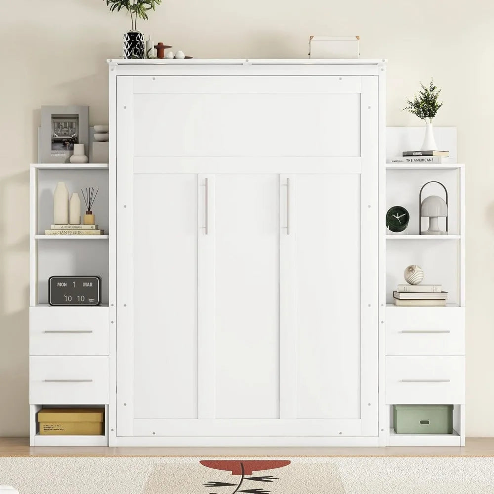 Harper & Bright Designs Full Murphy Bed with Storage Shelves, Drawers & LED Light