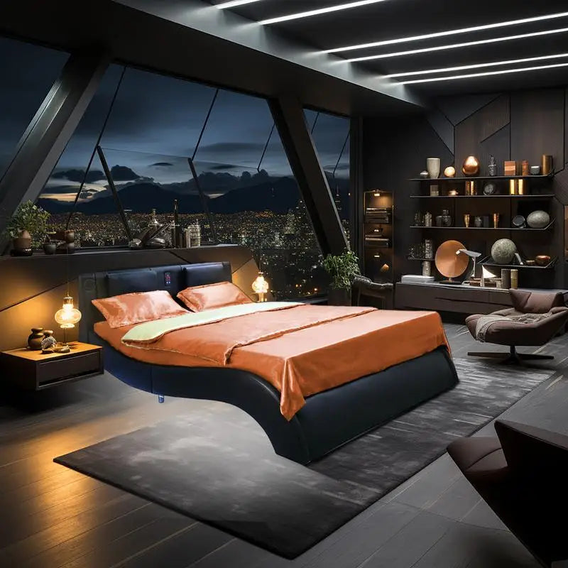Faux Leather Platform Bed Frame with LED Lights, Bluetooth Music, Massage Backrest & Curved Design