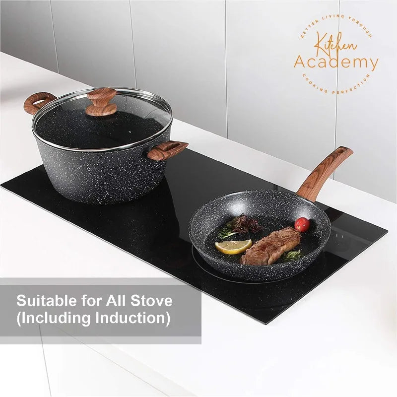 Kitchen Academy 17-Piece Induction Cookware Set – Nonstick Black Granite Pots & Pans Cooking Set