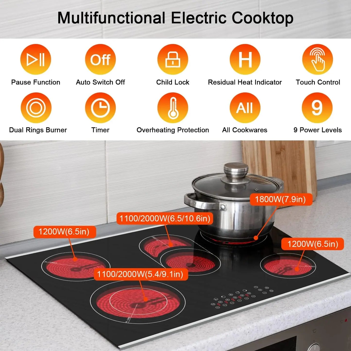 Karinear 30 Inch Electric Cooktop 5 Burners Ceramic Cooktop, Drop-in Electric Radiant Cooktop 8400W