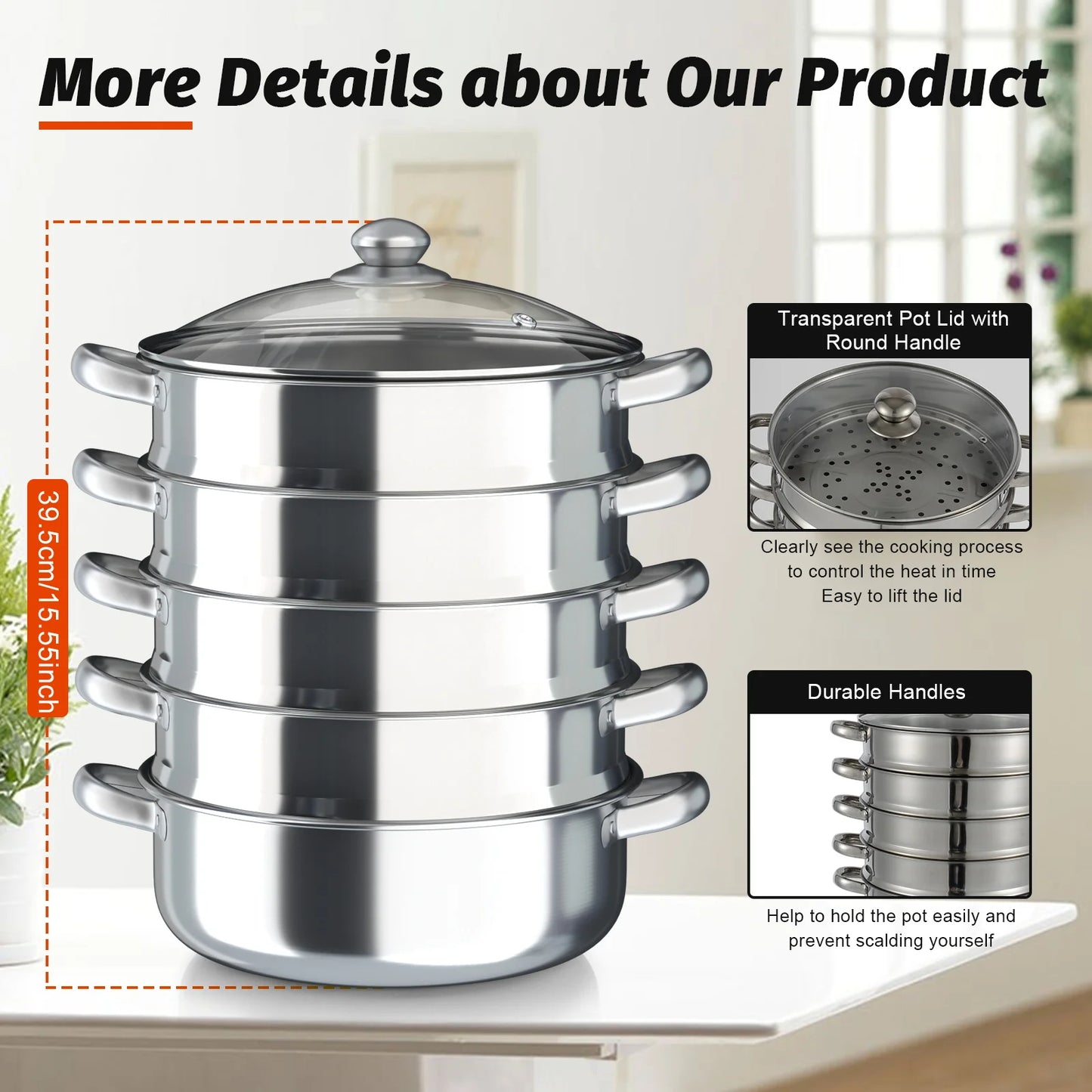 5 Layers 30cm Large Home With Handles Kitchen Insulated Visual Cover Stainless Steel 5 Tier Steamer Pot Food Maker Cookware