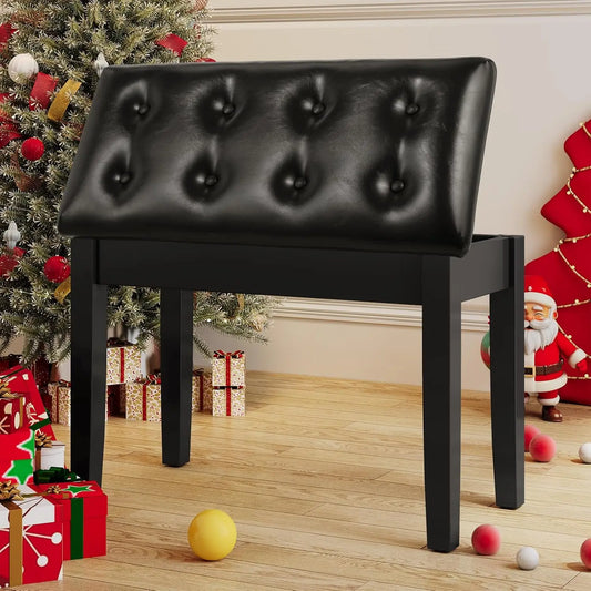Wooden Duet Piano Bench with Storage – Padded Faux Leather Cushion Seat & Hidden Compartment for Music Books