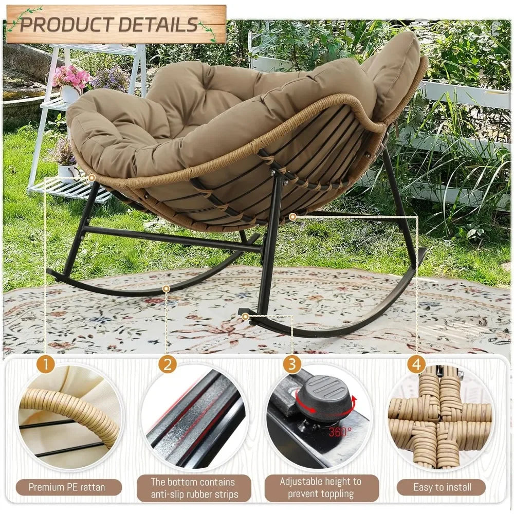 Outdoor Papasan Rocking Chair with Padded Cushion, Oversized PE Rattan Comfy Royal Rocking Lounge Chair, Modern Comfy