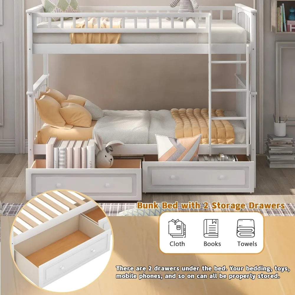 Convertible Wood Twin-Over-Twin Bunk Bed with Storage Drawers and Ladder - Can Be Divided Into Two Daybeds (White)