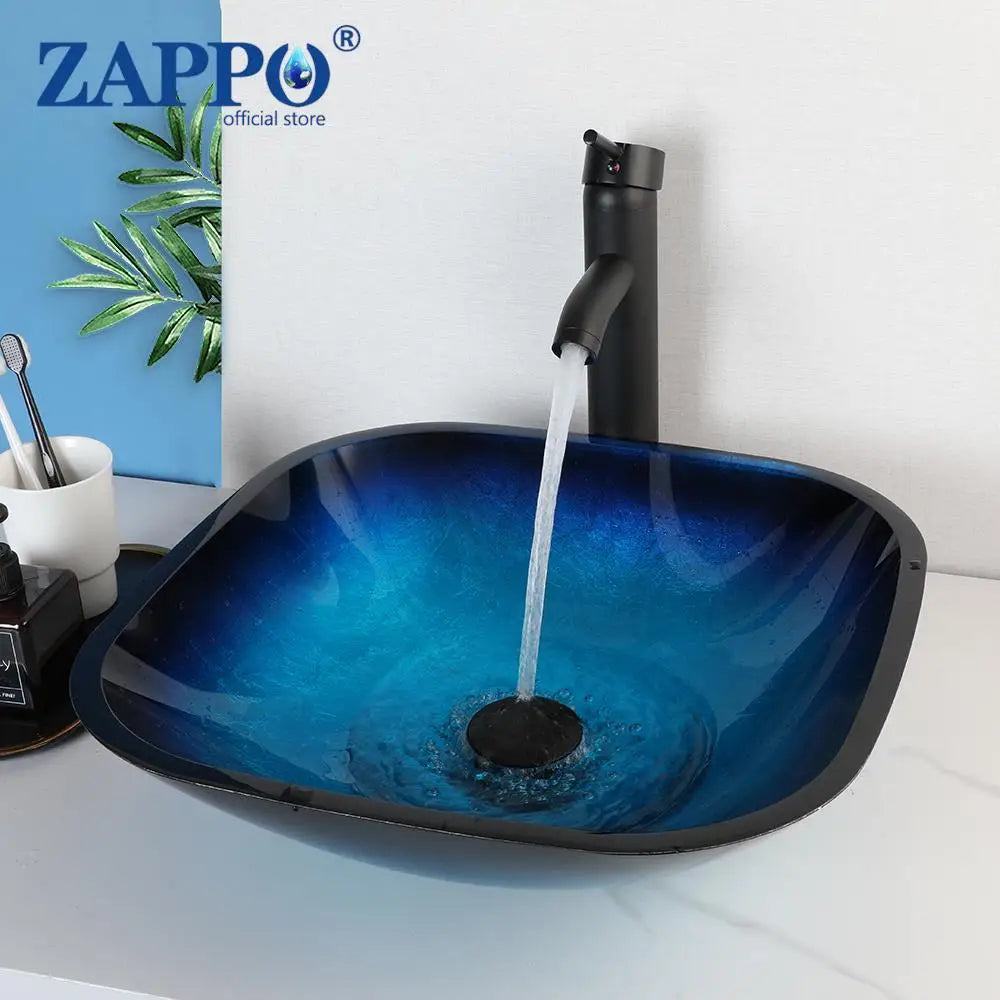 ZAPPO Blue Tempered Glass Vessel Sink – Oval Above-Counter Basin with Black Waterfall Faucet