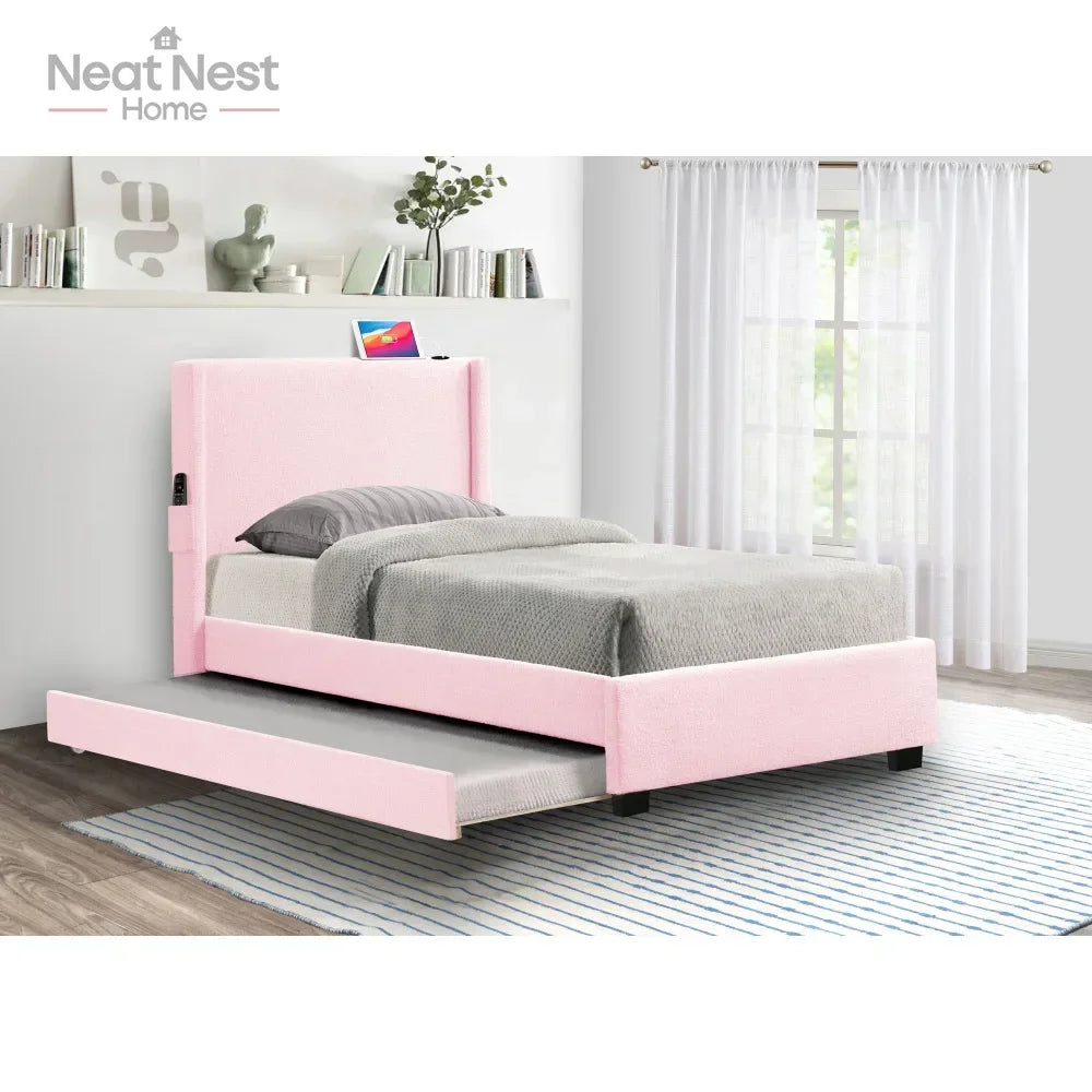 Pink Twin Size Bed Frame with Removable Trundle, USB Ports, No Box Spring Required