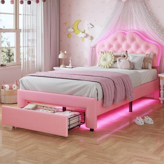 Twin Size Princess Bed – Pink Upholstered Platform with Storage Drawer & Adjustable Crystal Headboard