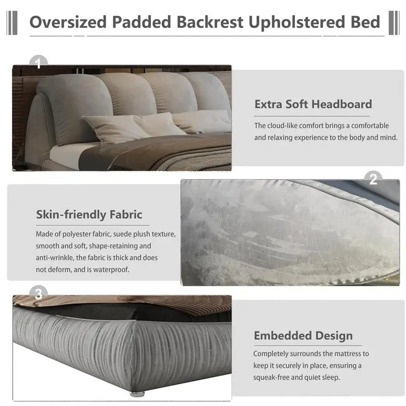 King Size Luxury Upholstered Platform Bed with Oversized Padded Backrest & Solid Wood Frame