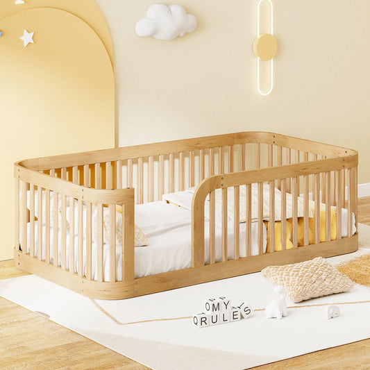Wood Twin Bed Frame for Toddlers – Low Floor Bed with Fence, 76.9"L x 41.1"W x 23.8"H