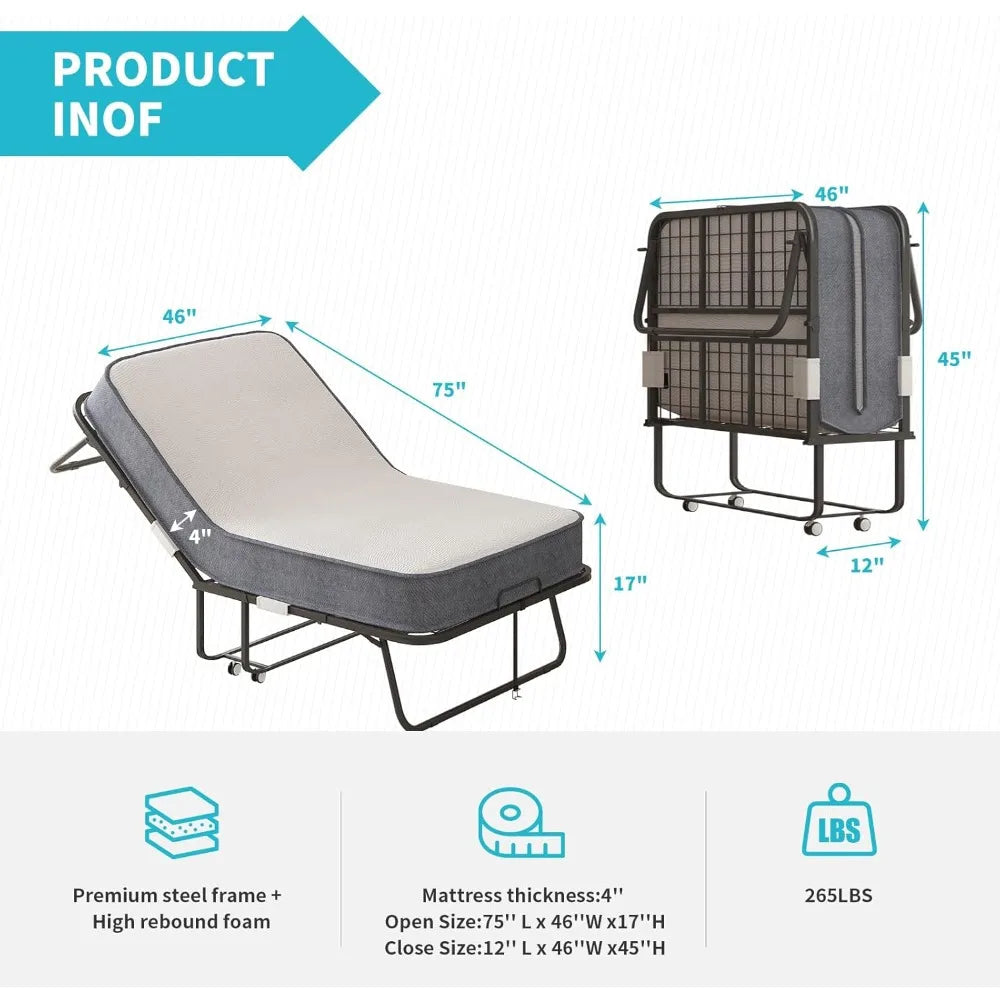 Twin Size Folding Rollaway Bed with 4" Foam Mattress & Sturdy Metal Frame, Portable Extra Bed