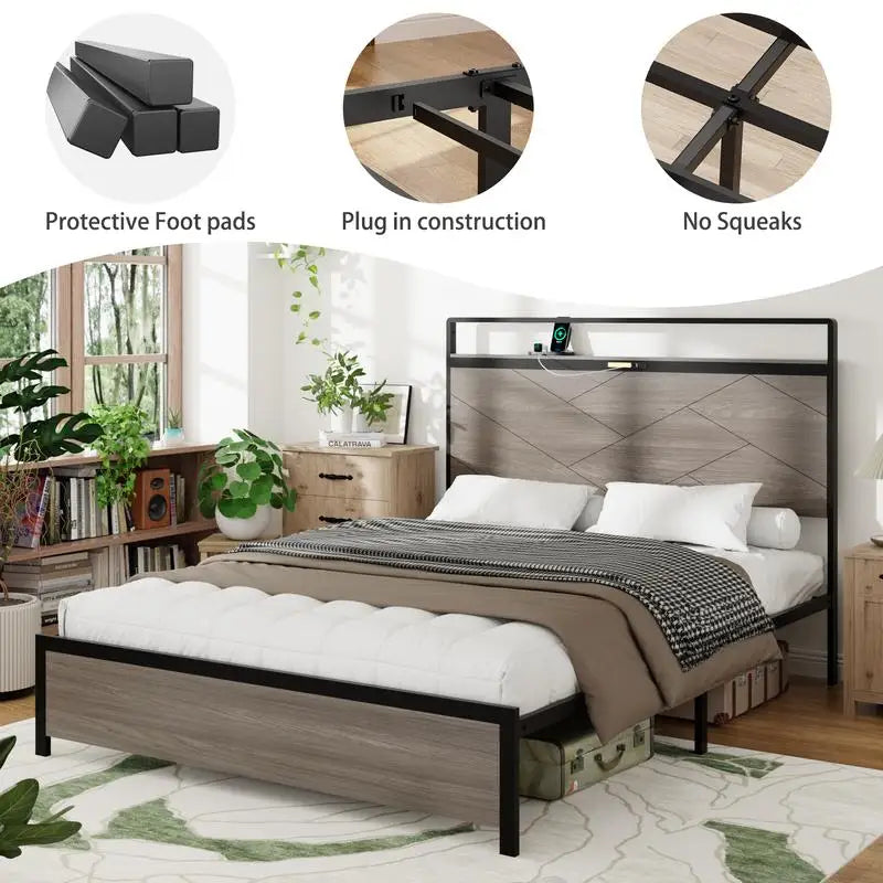Queen Size Wooden Platform Bed Frame with Storage, LED Headboard & USB, No Box Spring Needed