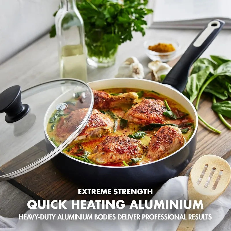 GreenPan Rio 16-Piece Cookware Set – Nonstick Pots & Pans with Frypans, Saucepans, Saute Pan, Stock Pot & Kitchen Tools, Dishwasher Safe, Black