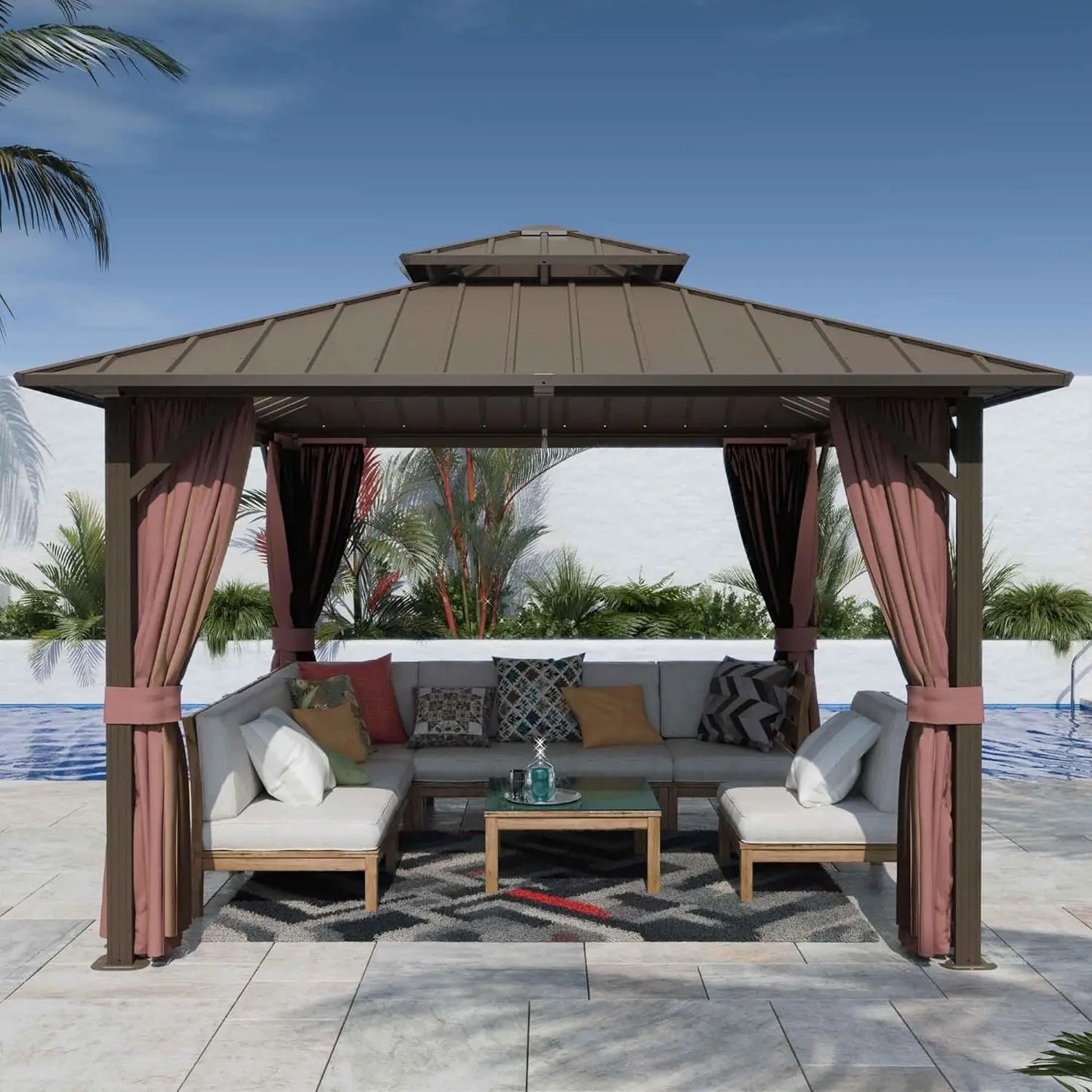 12'x16' Hardtop Gazebo with Aluminum Frame & Galvanized Steel Double Roof, Netting & Curtains