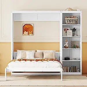 Harper & Bright Designs Full Murphy Bed with Storage Shelves, Drawers & LED Light
