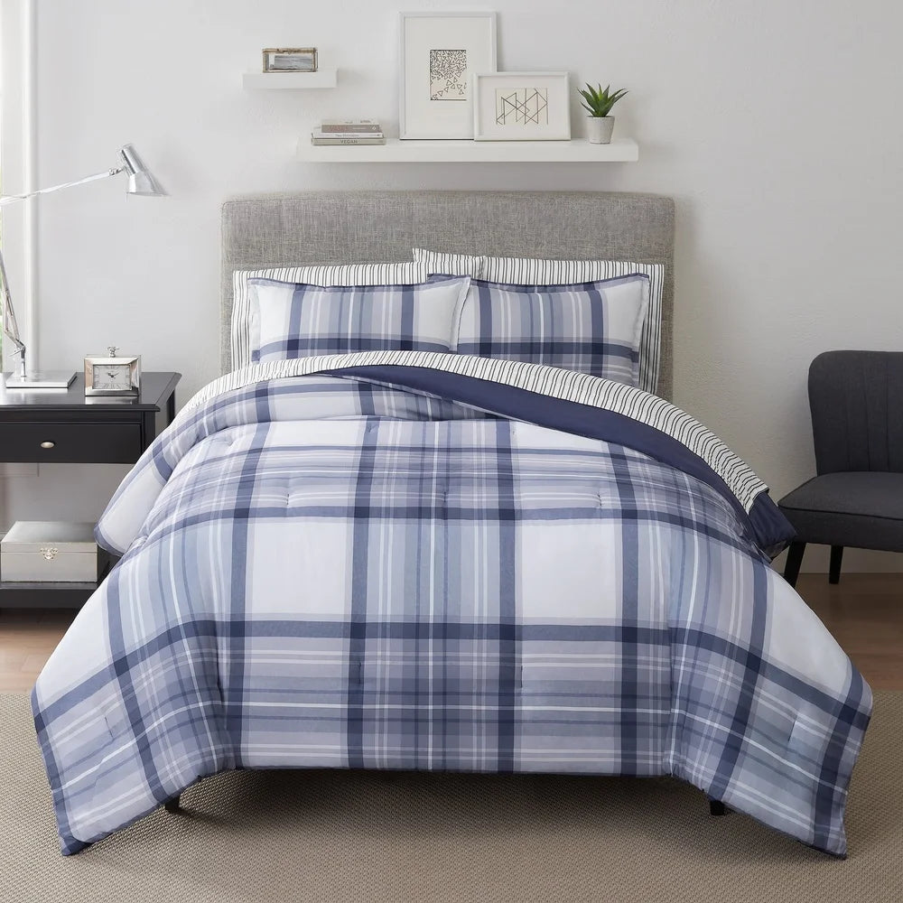 7-Piece Full Bed-in-a-Bag Comforter Set – Blue Plaid Pattern with Sheets, Antimicrobial & Hypoallergenic Polyester