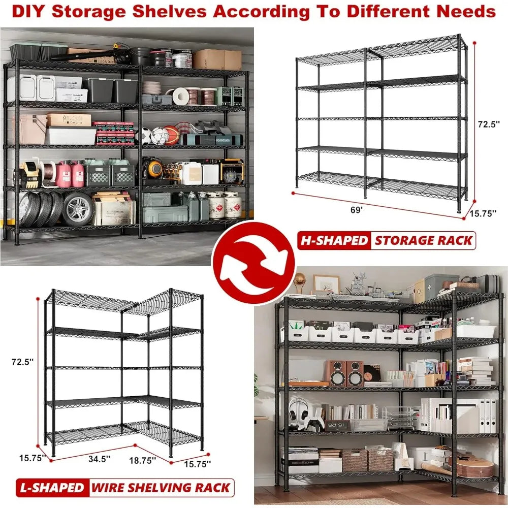 69" W Storage Shelves,Wire Shelving Load 1600LB Metal Shelves for Storage 5-Tier Heavy Duty Shelving Unit with Shelf Adjustable