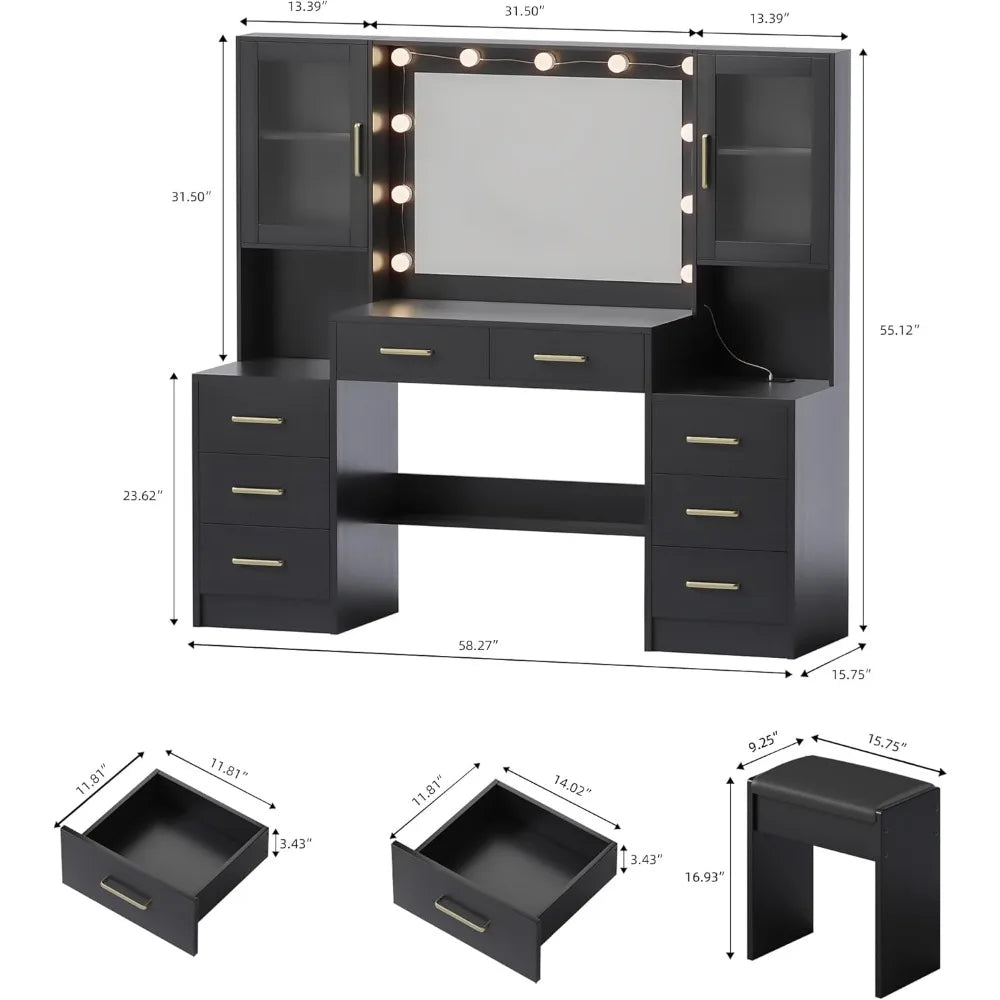 Black Vanity Desk with Mirror, Lights & Charging Station,  58.3" 3 Lighting Modes Makeup Desk