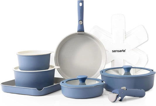 17 Piece Ceramic Pots and Pans Set, Nonstick Detachable Handle Cookware, Induction Kitchen Cookware Set with Removable