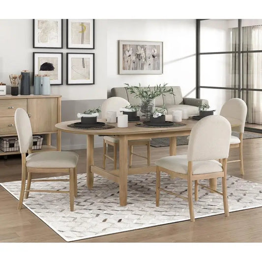 5-Piece Luxury Dining Set – Oval Natural Wood Table with 4 Beige Upholstered Chairs