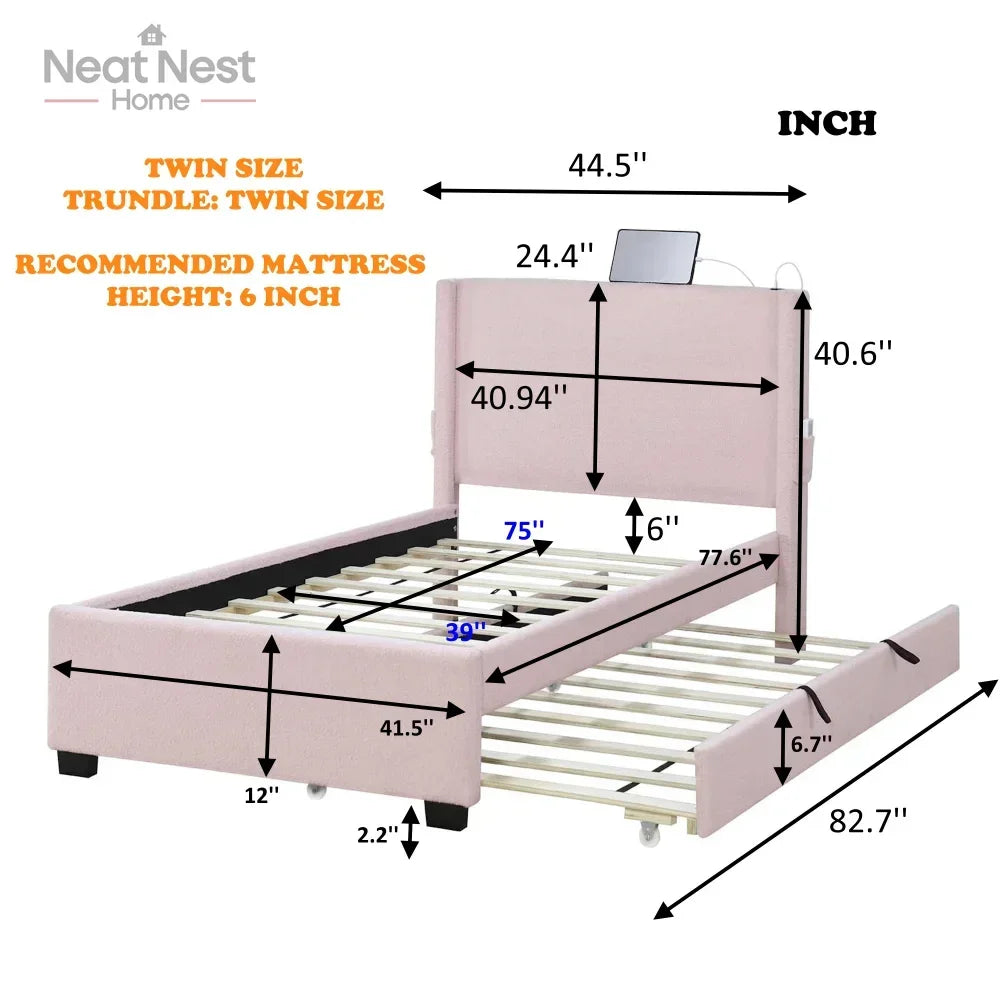 Pink Twin Size Bed Frame with Removable Trundle, USB Ports, No Box Spring Required