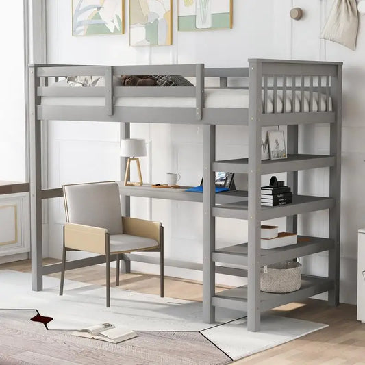 Twin Loft Bed with Storage Shelves & Under-Bed Desk – Space-Saving Gray Design