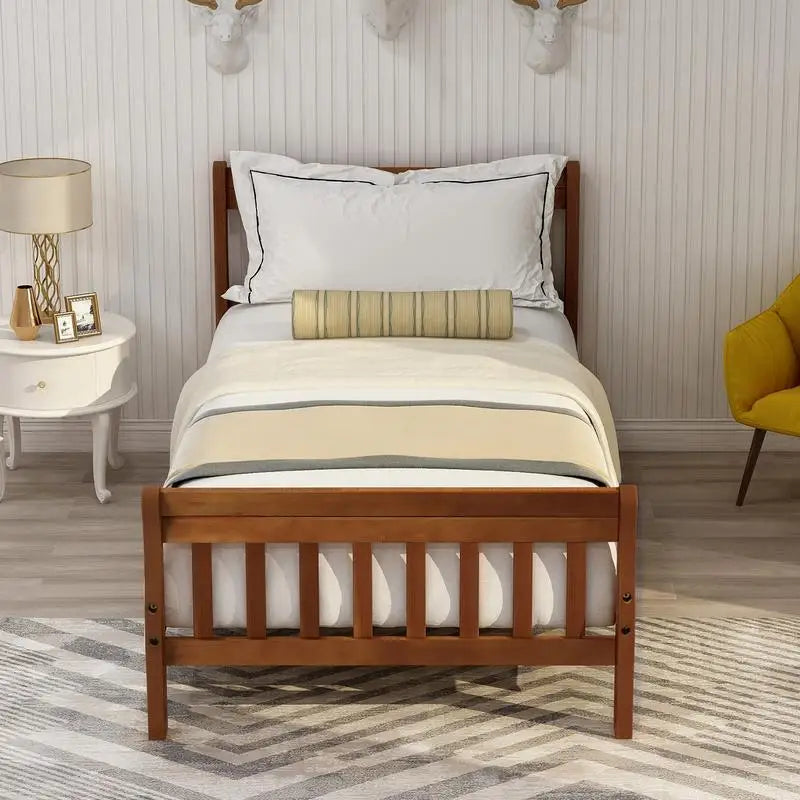 Twin Wood Platform Bed Frame with Headboard & Footboard, Sleigh Design, Sturdy Slat Support