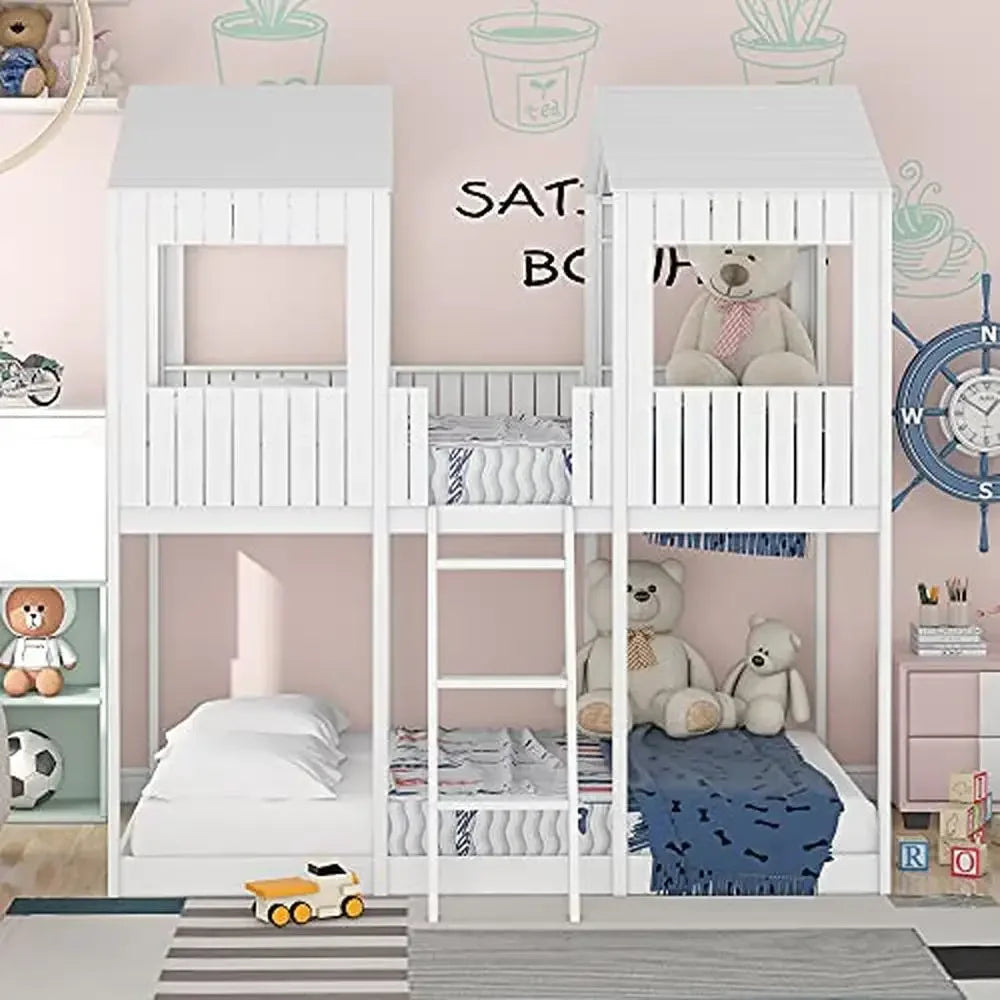 Full Size House Bunk Bed with Roof, Window, Guardrails & Ladder, White Modern Loft Design