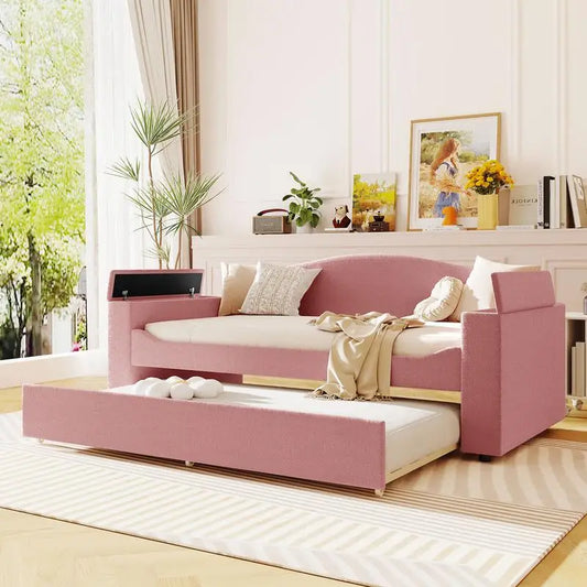 Pink Twin Upholstered Daybed with Trundle, Storage Armrests & Bluetooth Audio, Teddy Fleece