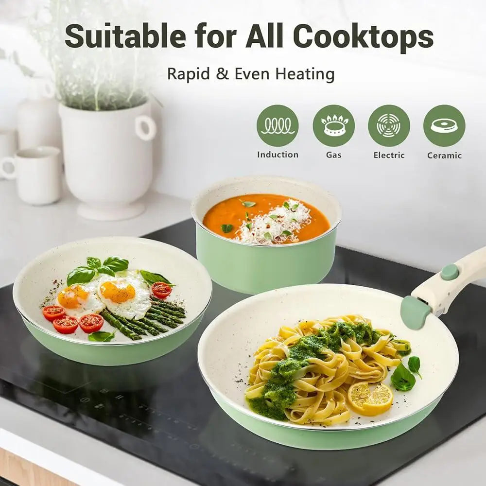 8-Piece Nonstick Induction Cookware Set – Granite Pots & Pans with Removable Handle, Stackable & Easy Clean