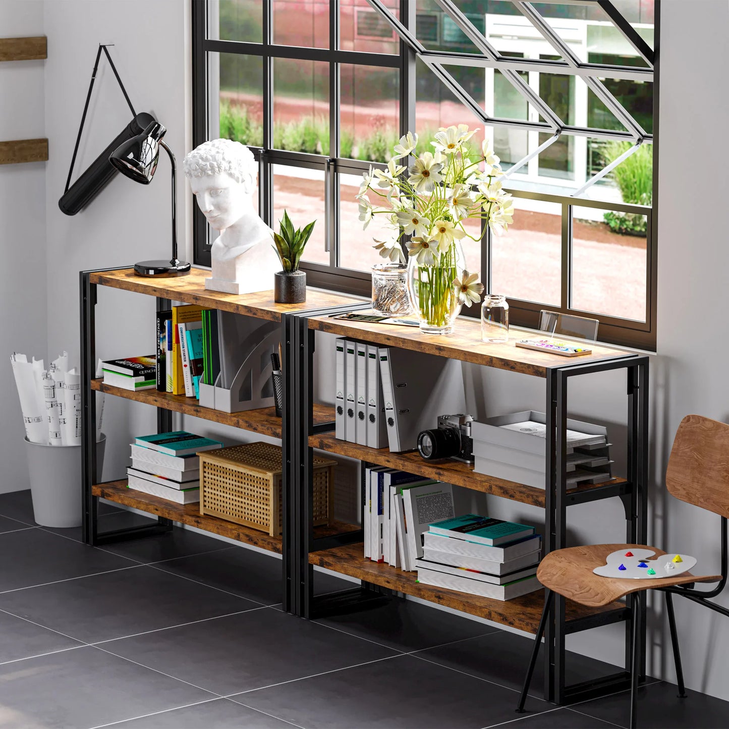 IRONCK Industrial 3-Shelf Bookcase – Wood Storage Shelf with Metal Frame, Vintage Brown