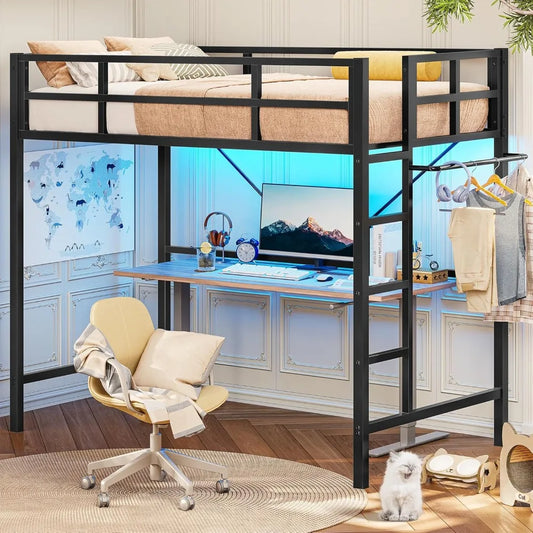 Twin Metal Loft Bed with LED Lights – Heavy Duty Frame with Guardrails & Clothes Rack